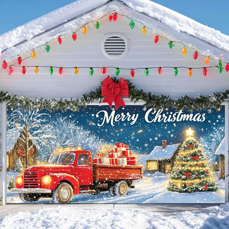 IVN Christmas Garage Door Banner 6x13 ft Red Vintage Truck with Gifts Backdrop Garage Door Covers Decorative Holiday Garage Door Cover Mural Snowy Christmas Tree Scene - Image 5
